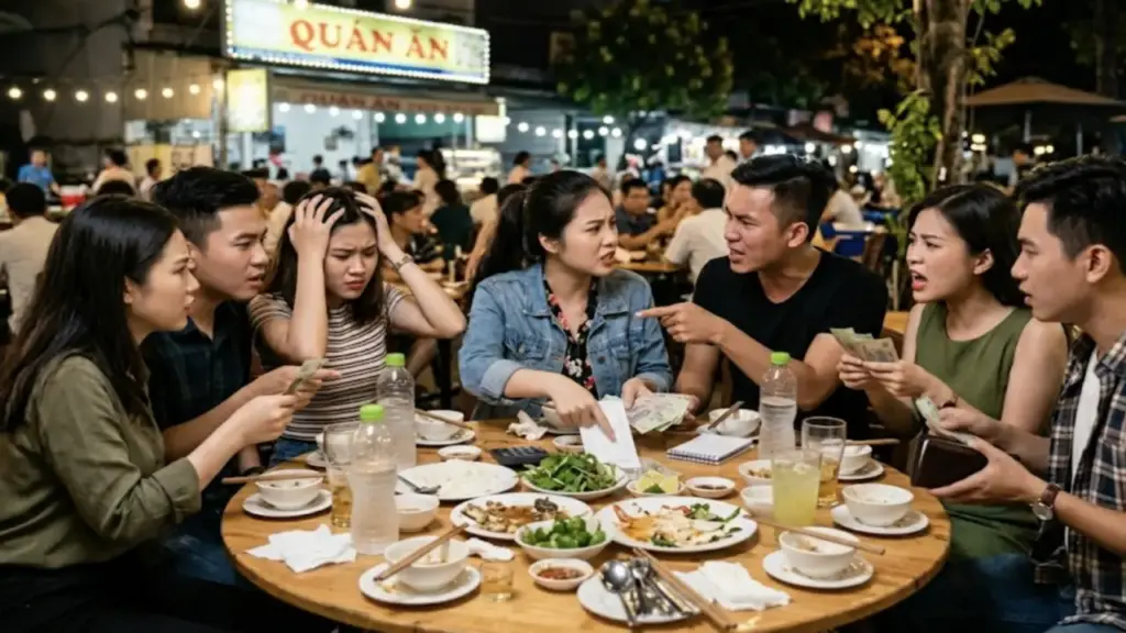 Đi ăn nhóm 4 người, một dẫn theo người yêu nhưng tính tiền chia bốn