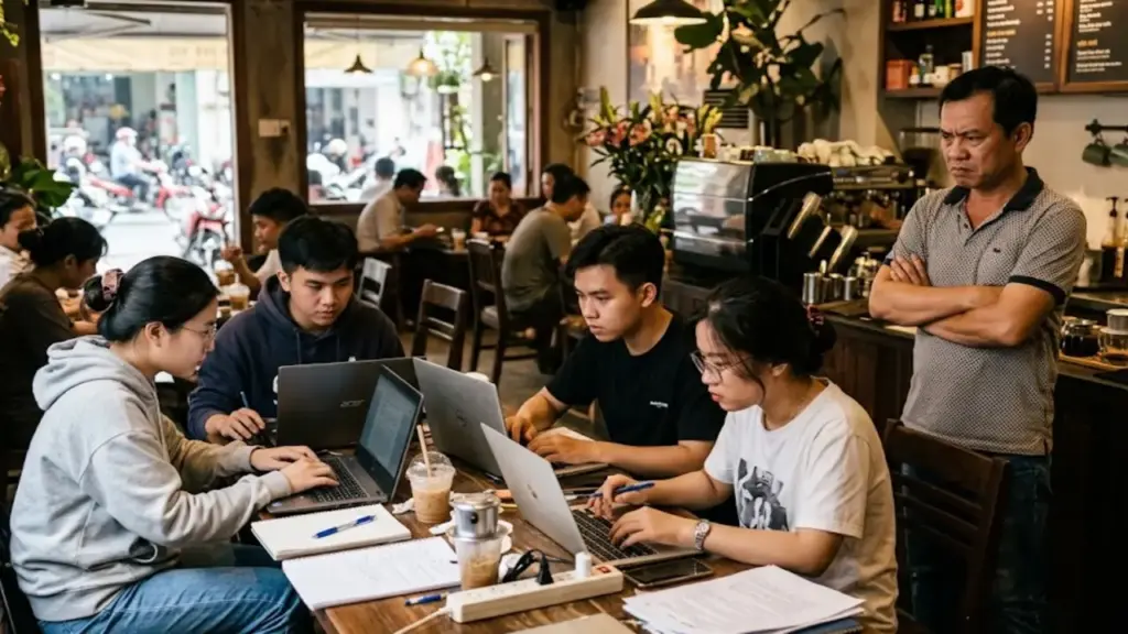 Mua một ly nước nhưng mở laptop chạy deadline 10 tiếng ở quán cà phê