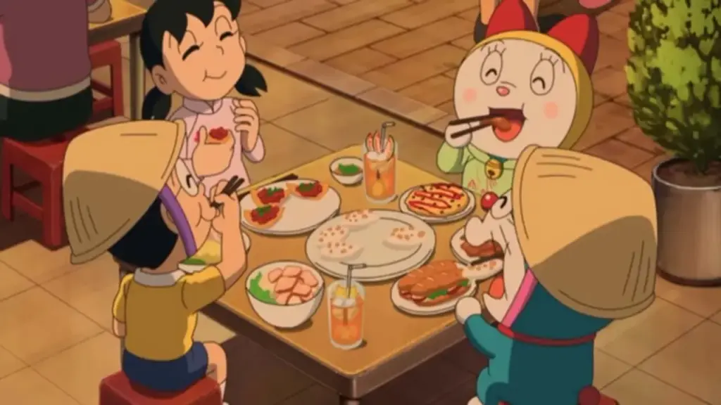 Doraemon, Nobita du lịch Việt Nam, thích thú ăn bánh mì, cơm tấm