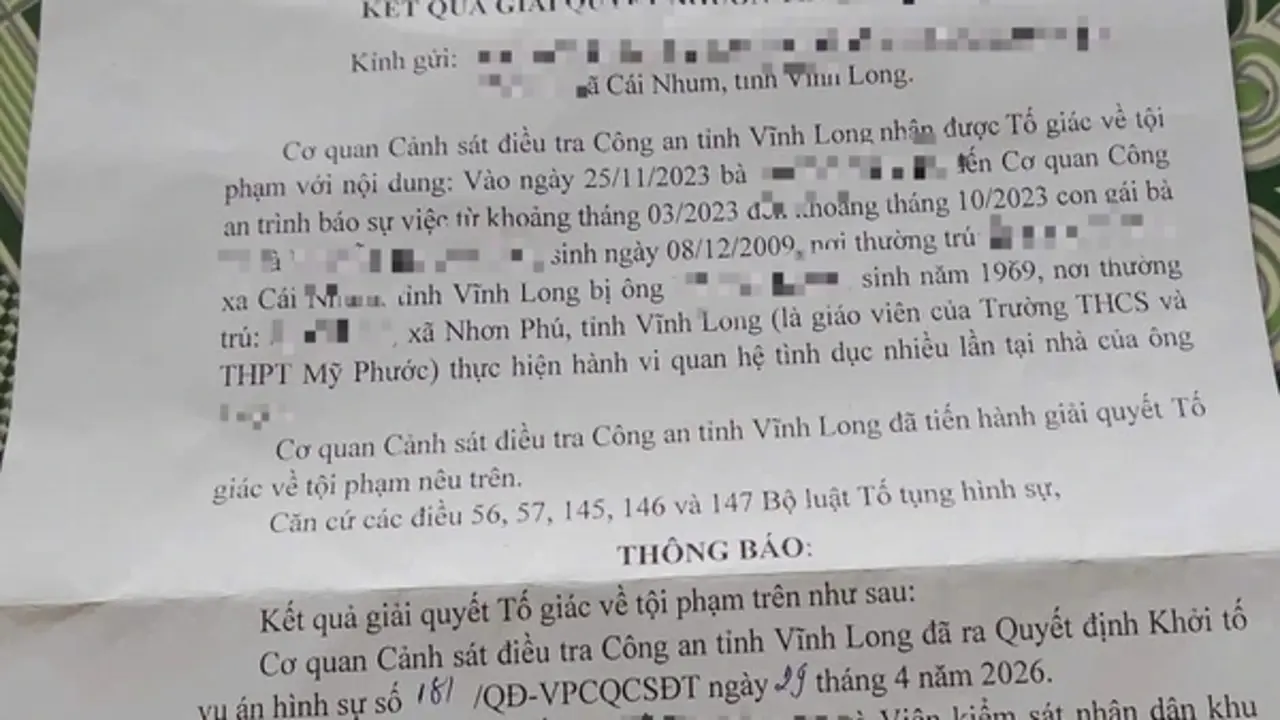 Khởi tố vụ án giao cấu có liên quan thầy giáo dạy toán ở Vĩnh Long
