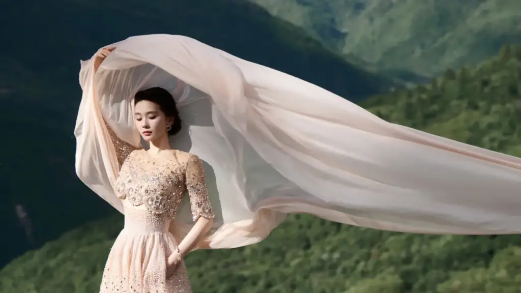 Lưu Thi Thi đội khăn voan catwalk giữa thung lũng