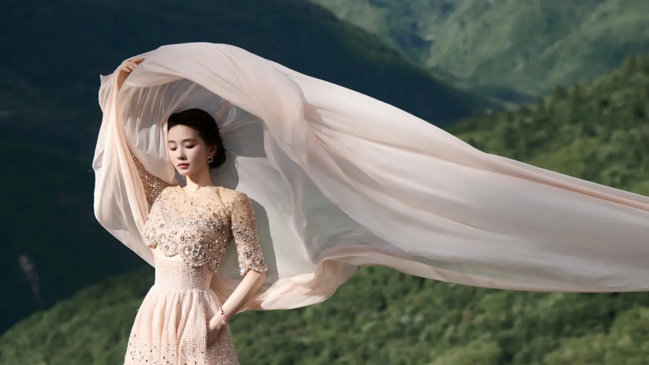 Lưu Thi Thi đội khăn voan catwalk giữa thung lũng