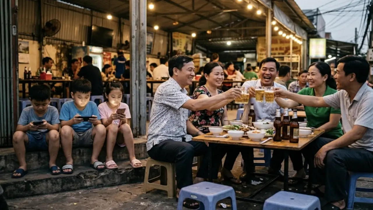 Quán nhậu 11h khuya: Cha mẹ cụng ly, 3 đứa trẻ 'cụng' điện thoại