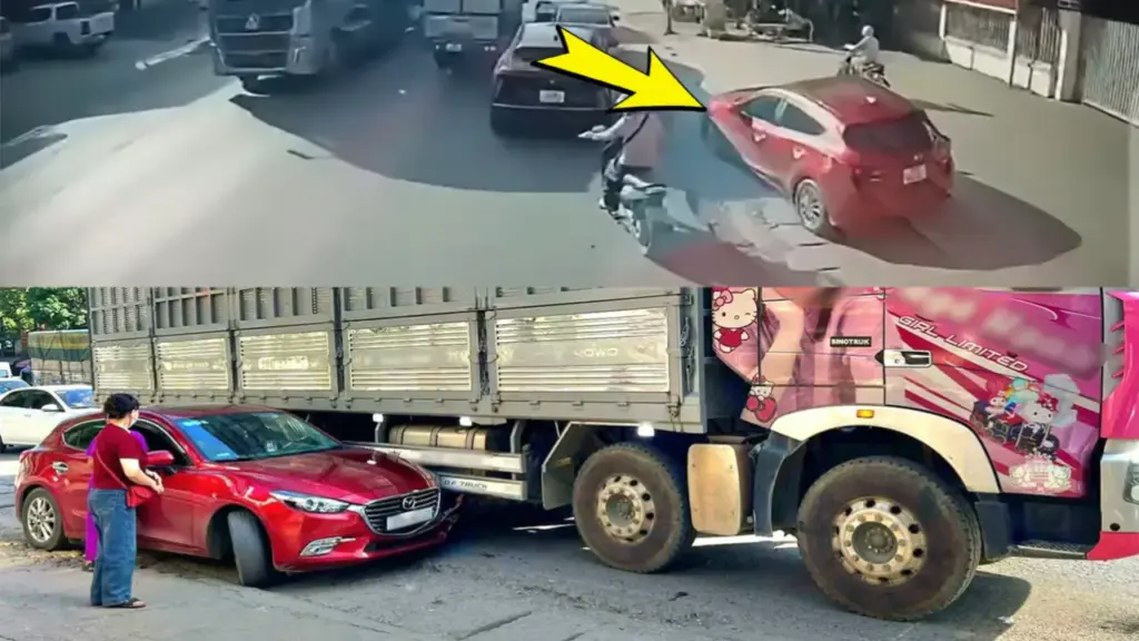 Xe con nhập làn kẹt dưới hông xe tải - ai sai?
