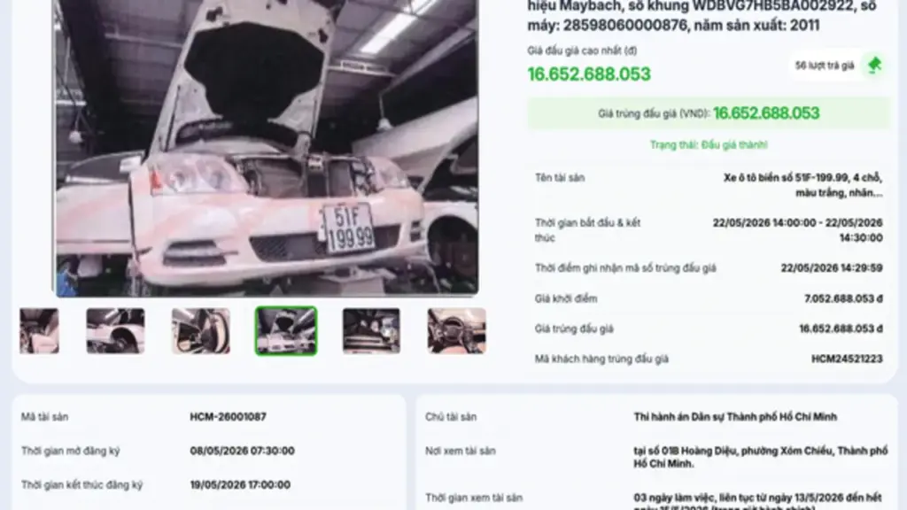 Xe Maybach biển số tứ quý của Trương Mỹ Lan trúng đấu giá hơn 16,6 tỉ đồng