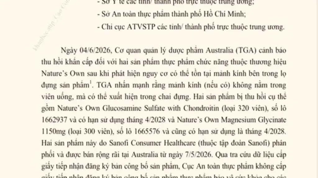 Thu hồi khẩn 2 thực phẩm chức năng thuộc thương hiệu Nature's Own