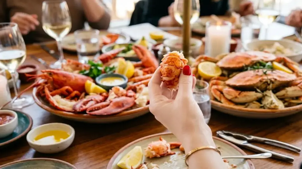 Khổ sở vì mặc đẹp đi ăn tiệc phải tự bóc vỏ tôm cua