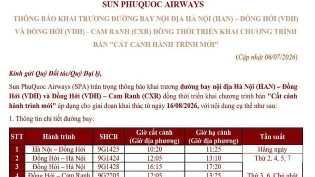 Mở đường bay Đồng Hới - Cam Ranh vào giữa tháng 8 năm nay