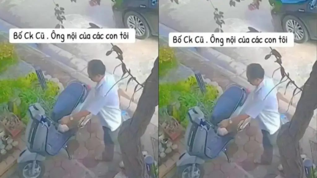 Phía sau clip người đàn ông lớn tuổi lặng lẽ treo túi đồ ăn ở xe